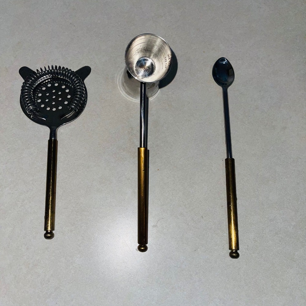 VTG Style Stainless Steel/Gold Brass Handle Bartender Bar Tool Set Jigger